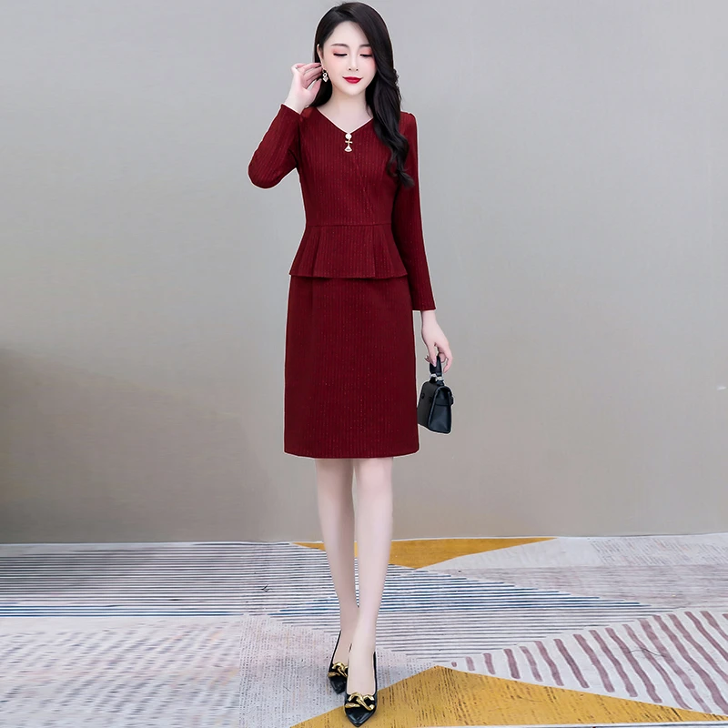 喜婆婆婚宴装礼服广州十三行红色长袖连衣裙假两件套装女春秋妈妈