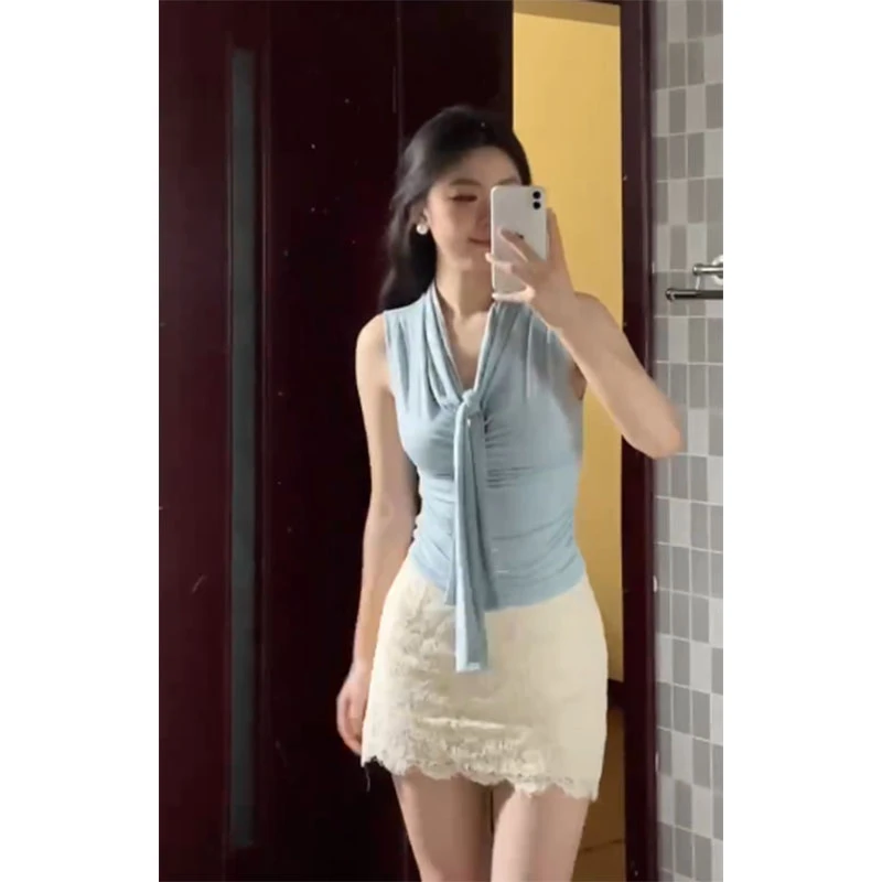 夏季新款修身显瘦设计感无袖高级V领上衣气质时尚收腰A字半身裙女