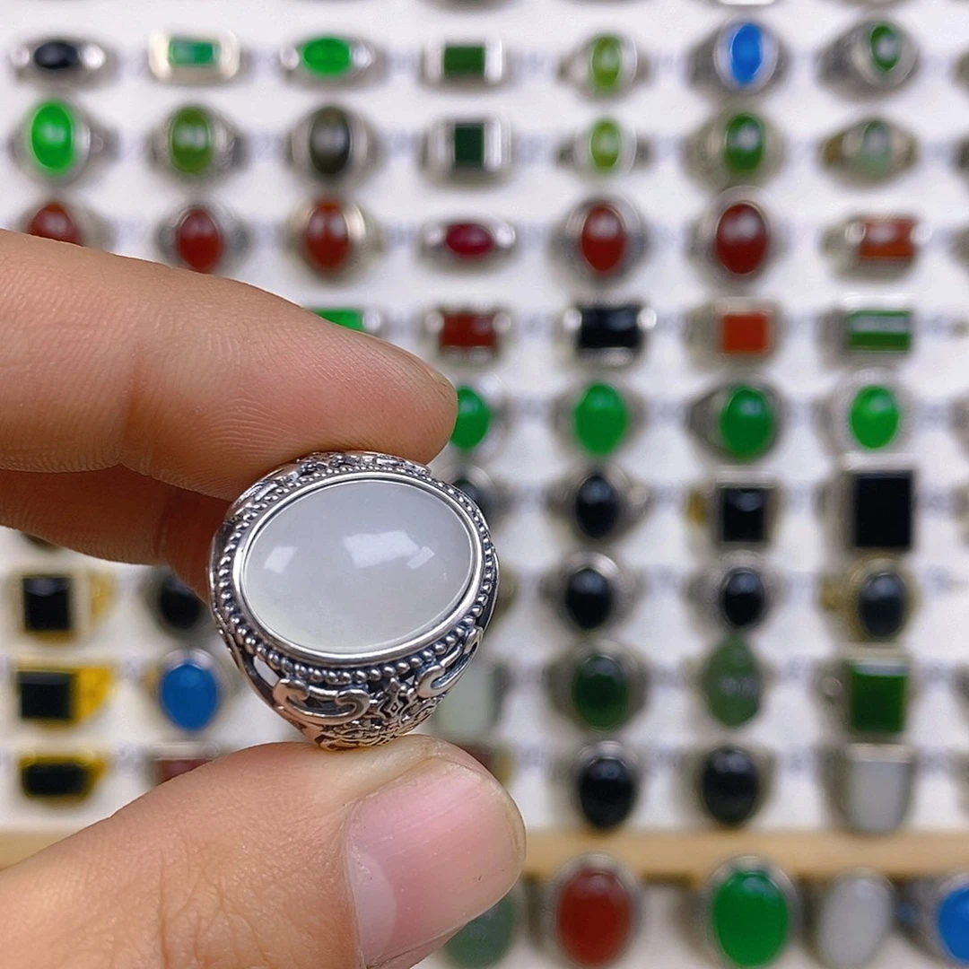 和田玉戒指银S925镶嵌