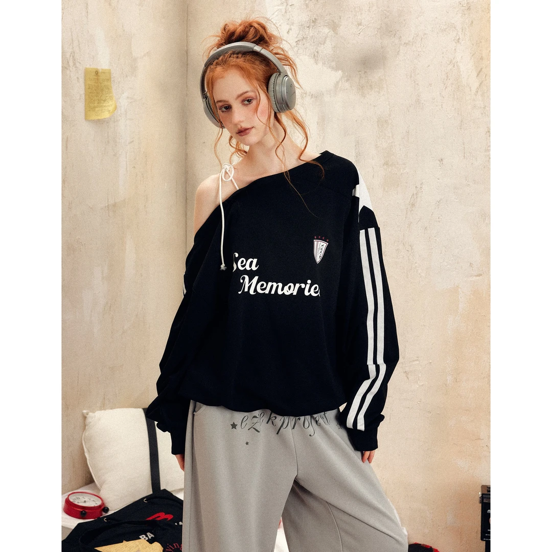 【直播间清仓款no退no换】斜肩长袖印花字母卫衣女宽松显瘦漏肩辣妹