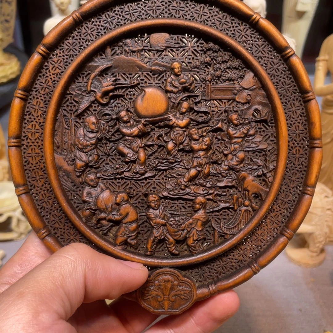 黄杨木做旧百子图扇子
