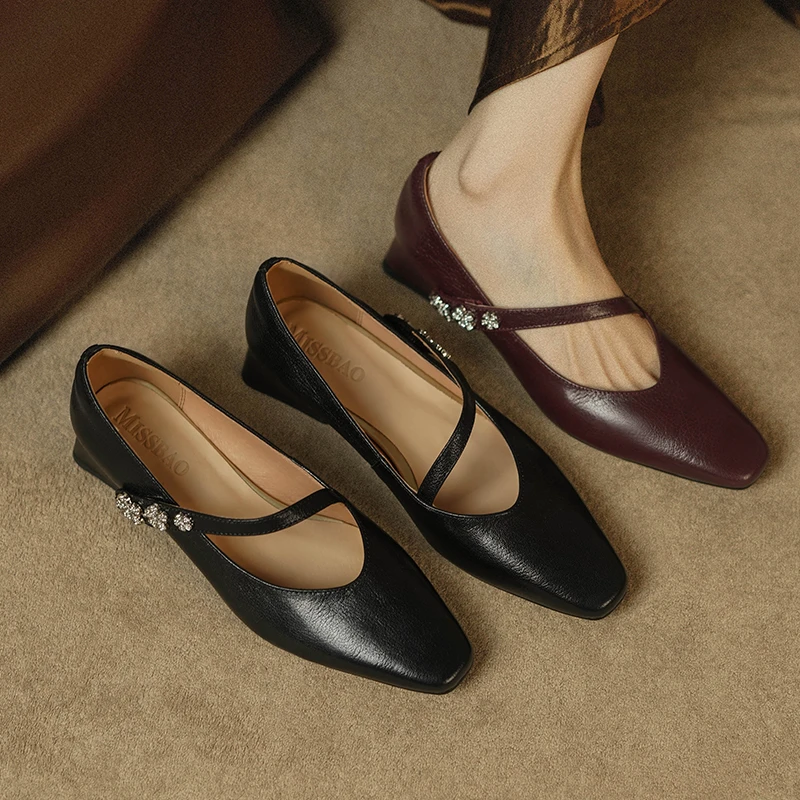 3cm/羊皮/真皮粗跟单鞋女春季新款时尚百搭方头一字带水钻女鞋子