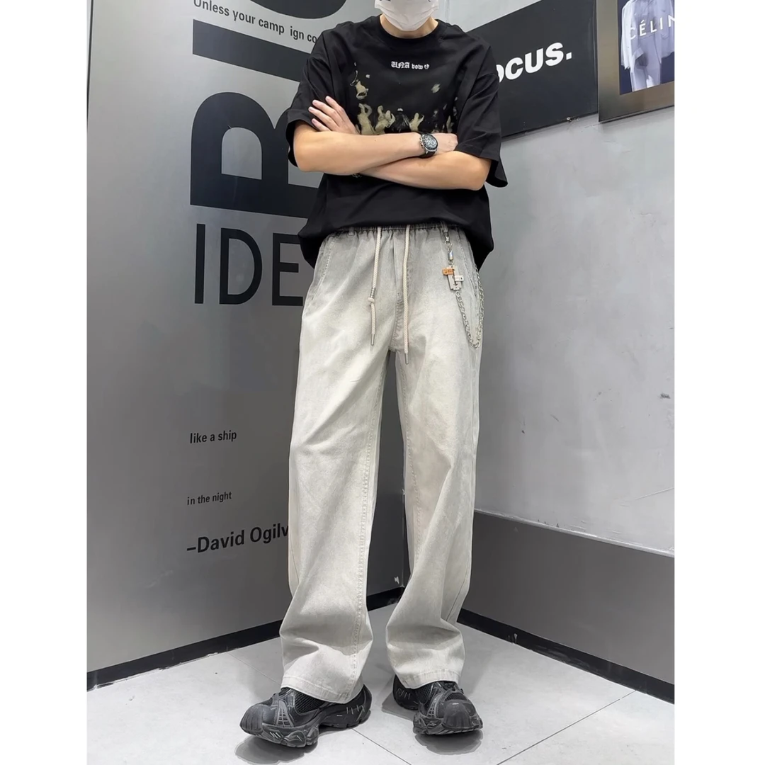 9681白灰牛仔裤子设计感挂链渐变百搭休闲裤潮直筒长裤潮流工装风