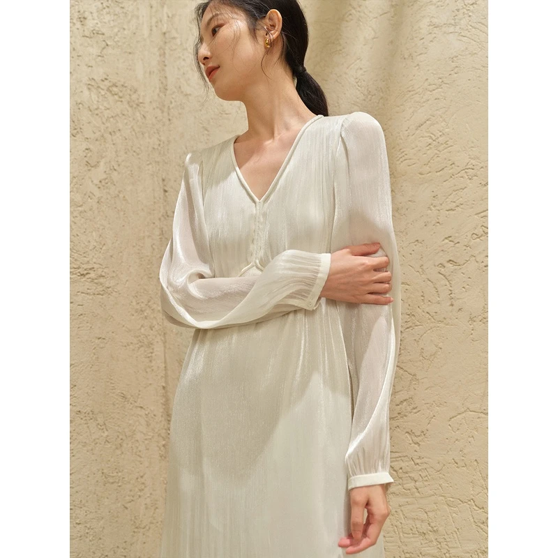 orange desire温柔长袖连衣裙新款显瘦V领高腰缎面裙子OD2CAL0078