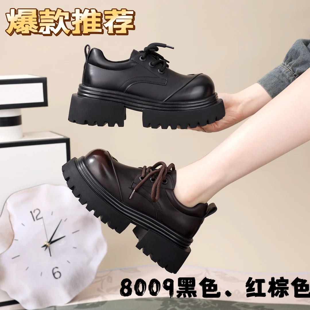 2025早春款欧货厚底小皮鞋女英伦风圆头系带加绒小个子增高乐福鞋