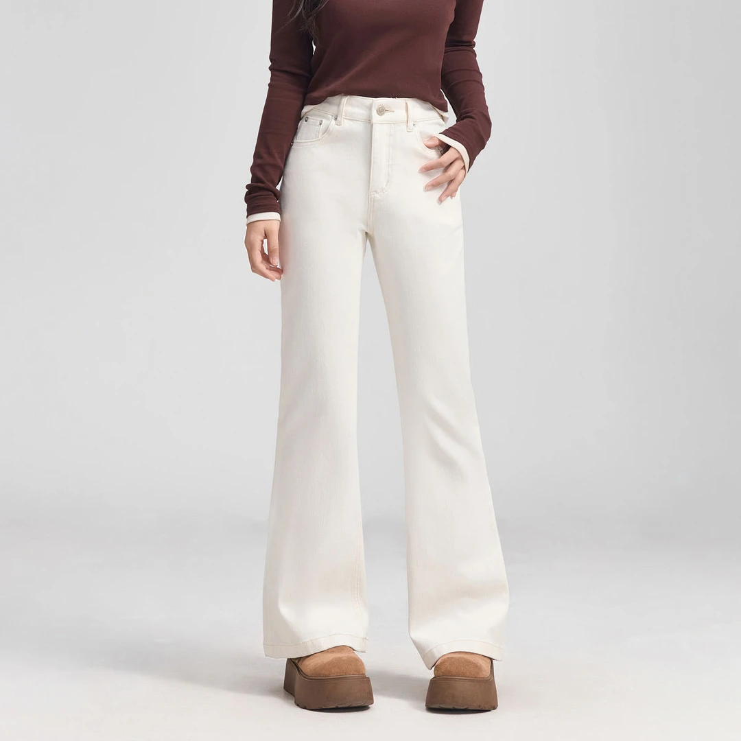 微飒四面弹白色高腰喇叭裤小个子穿搭加绒加厚2025冬季新款