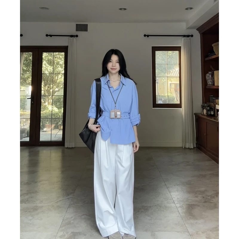 郭九九呢 天丝棉宽松收腰显瘦衬衫（含腰带）百搭阔腿裤 G925C13927