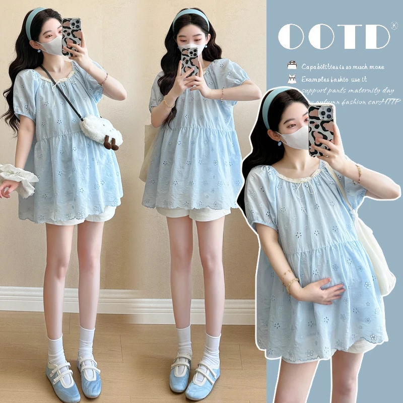 2025夏季新款孕妇法式蕾丝刺绣温柔减龄洋气宽松薄款娃娃衫上衣女