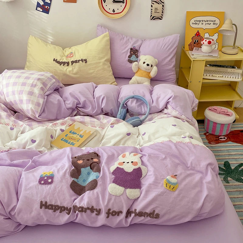 A类-棉四件套毛巾绣工艺纯色卡通单人学生宿舍床上三件套床品