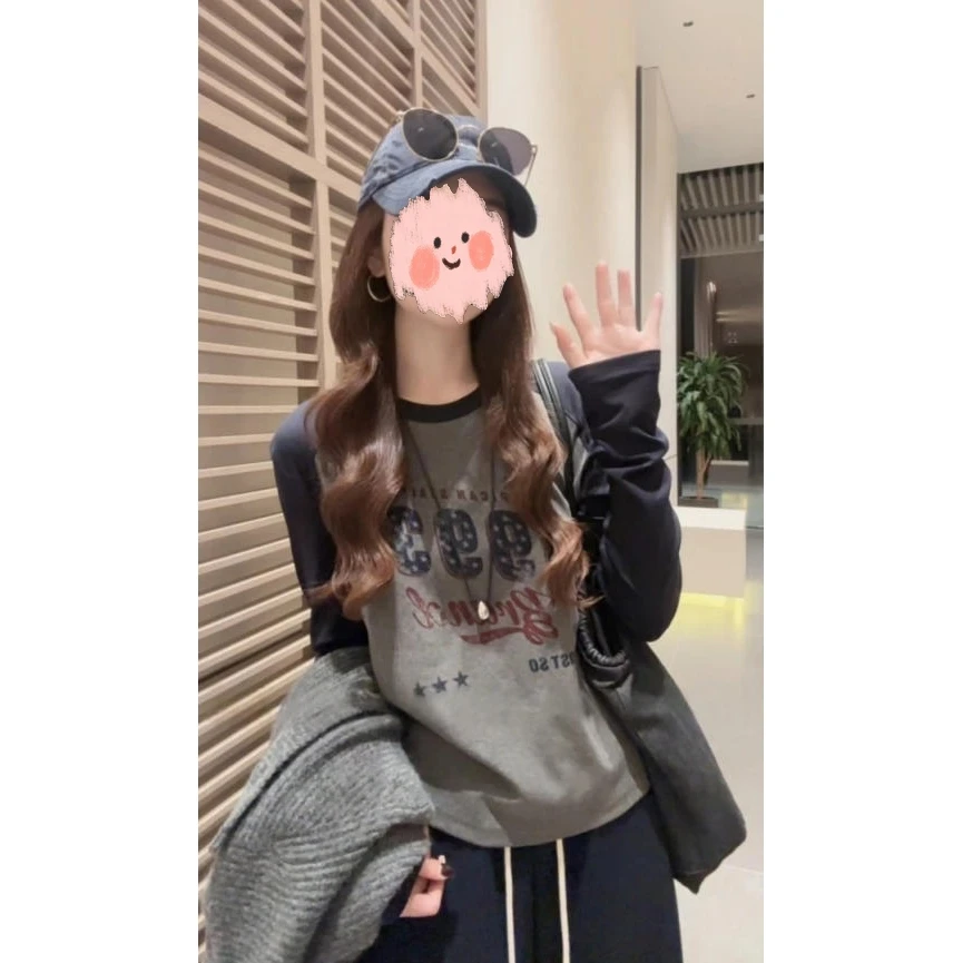 2025年小众韩系美式复古宽松休闲百搭打底衫插肩袖数字1993T恤