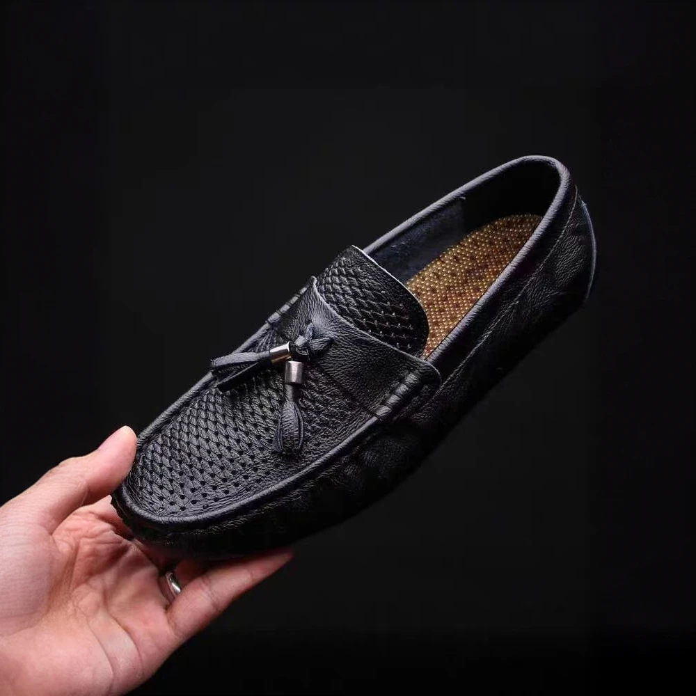 男鞋流苏镂空豆豆鞋真皮男士2025夏季新款透气软底一脚蹬休闲皮鞋