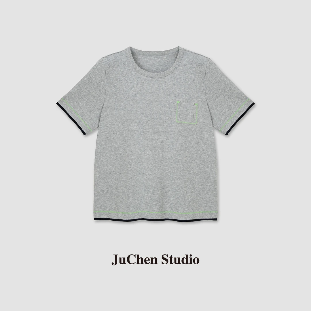 创意“未完成”剪裁索罗纳明线层次感花纱撞色显瘦短袖T恤 SS013575