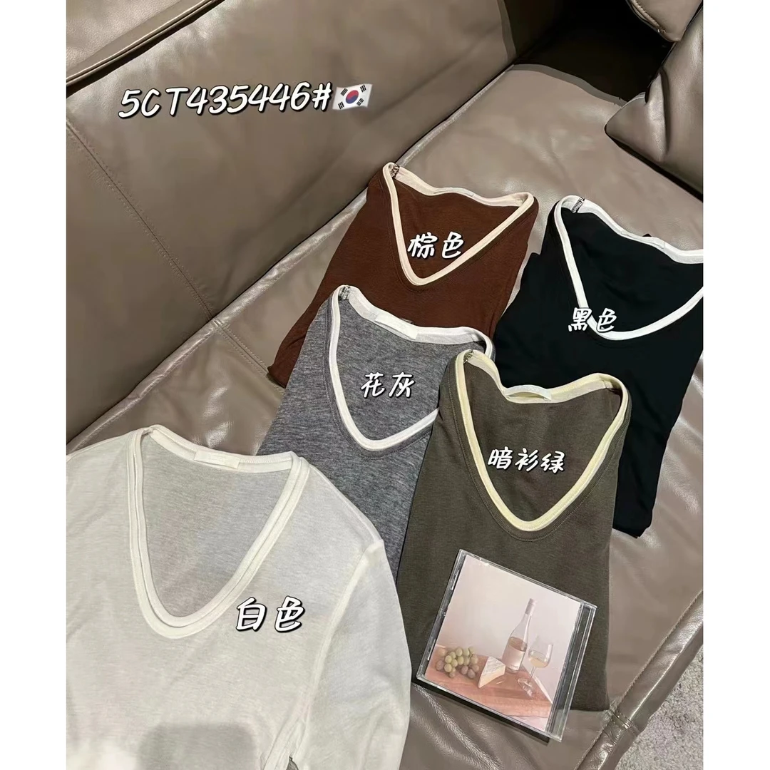 aiai 新款拼色领口U领天丝长袖T恤打底衫秋洋气上衣清1