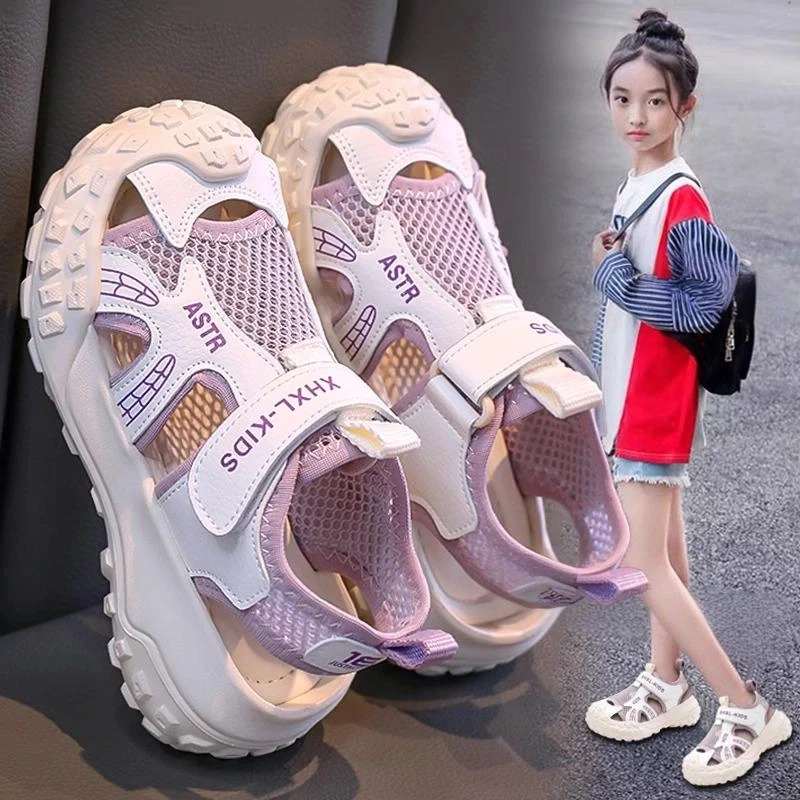 ABC女童凉鞋包头2025新款夏款儿童软底单网鞋女孩镂空运动鞋学生