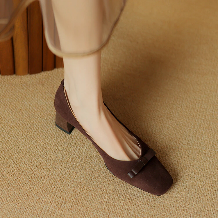 蜻蜒真皮粗跟高跟浅口磨砂皮法式薄款单鞋春秋中跟气质蝴蝶结女鞋