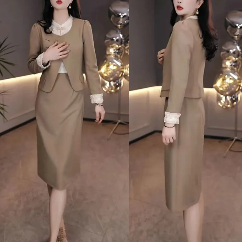 小香风套装裙洋气蕾丝拼接连衣裙2025秋季新款西装外套气质两件套