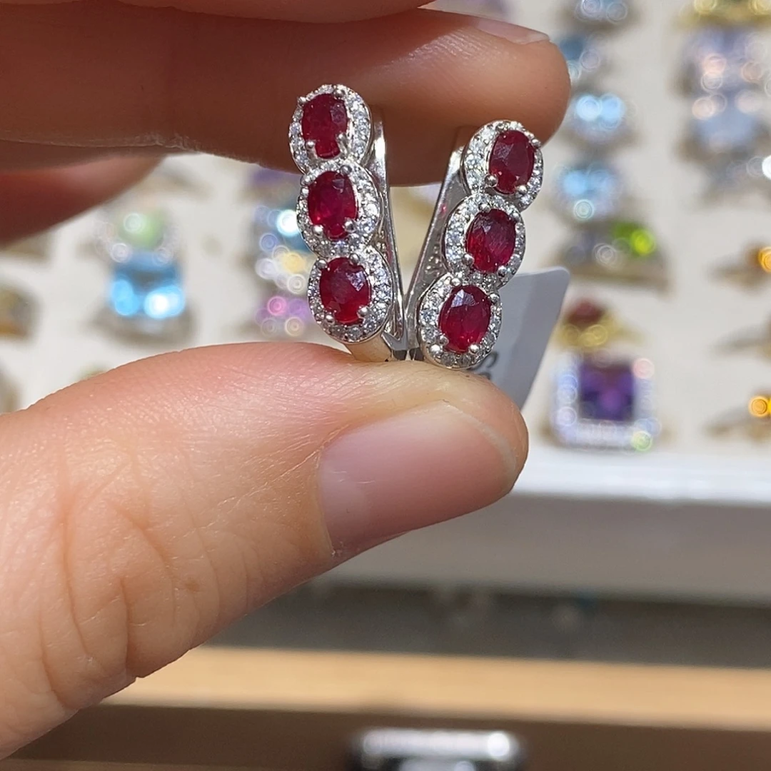 耳饰银S925镶嵌红宝石