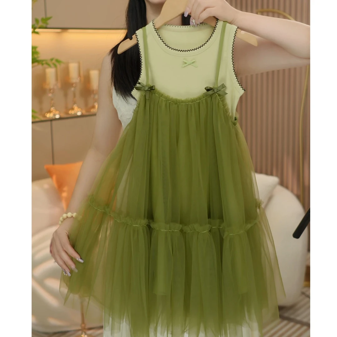 【喜萌】韩版森系草绿色超级显白真两件高定清凉纱裙夏季女孩女童