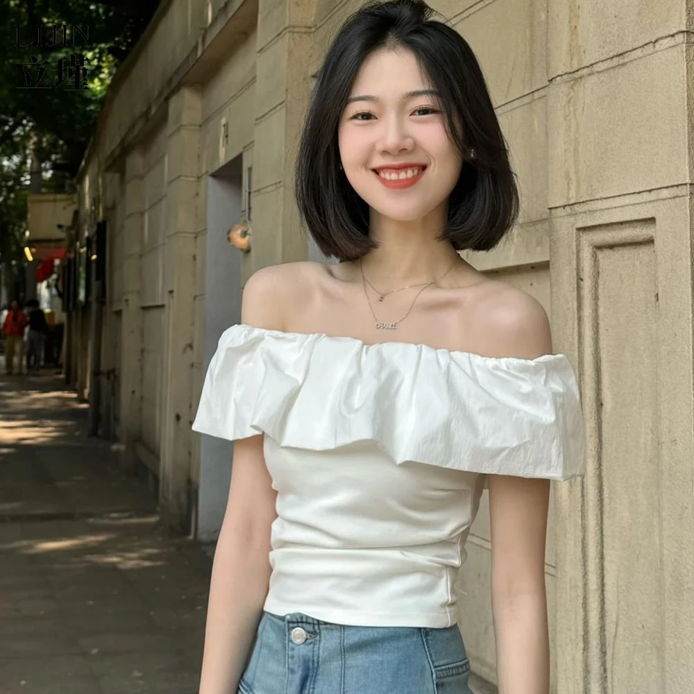 白色一字肩短袖T恤女夏季新款纯欲风荷叶边修身显瘦短款辣妹上衣