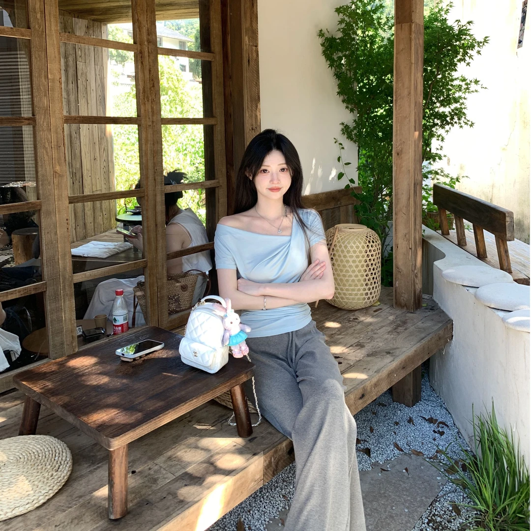 Zzhen【松林清晨】设计感不规则斜肩T恤修身显瘦上衣 DTX728