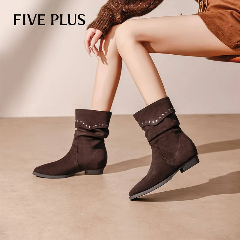FIVE PLUS复古短筒单靴女2025年冬季新款尖头西部牛仔褶皱堆堆靴
