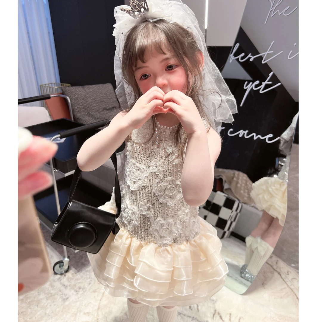 3【Mt studio】【现货】立体花朵亮片蛋糕背心裙春秋季女童精致珍珠领