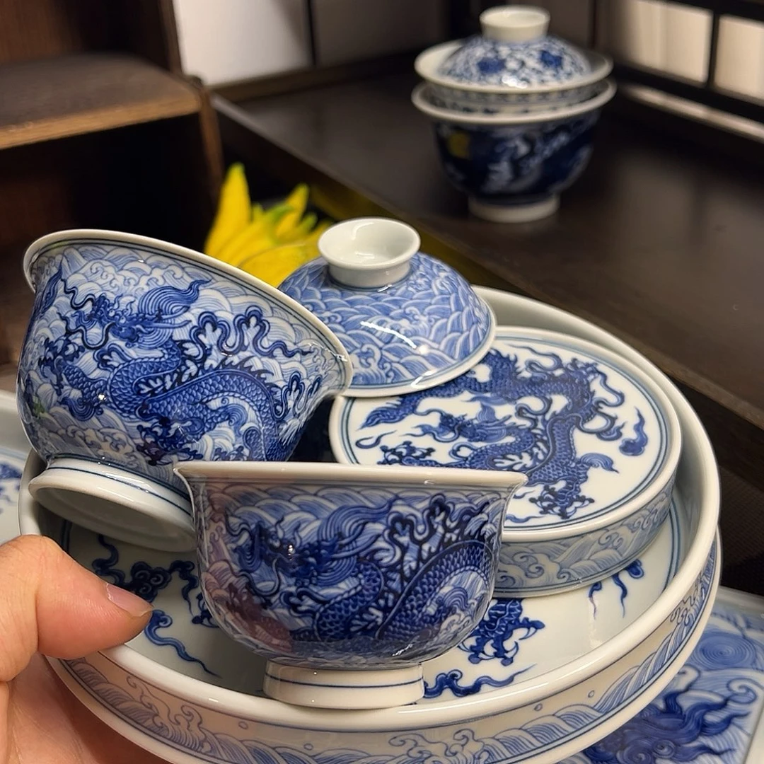 明青花淡海水龙系列套组