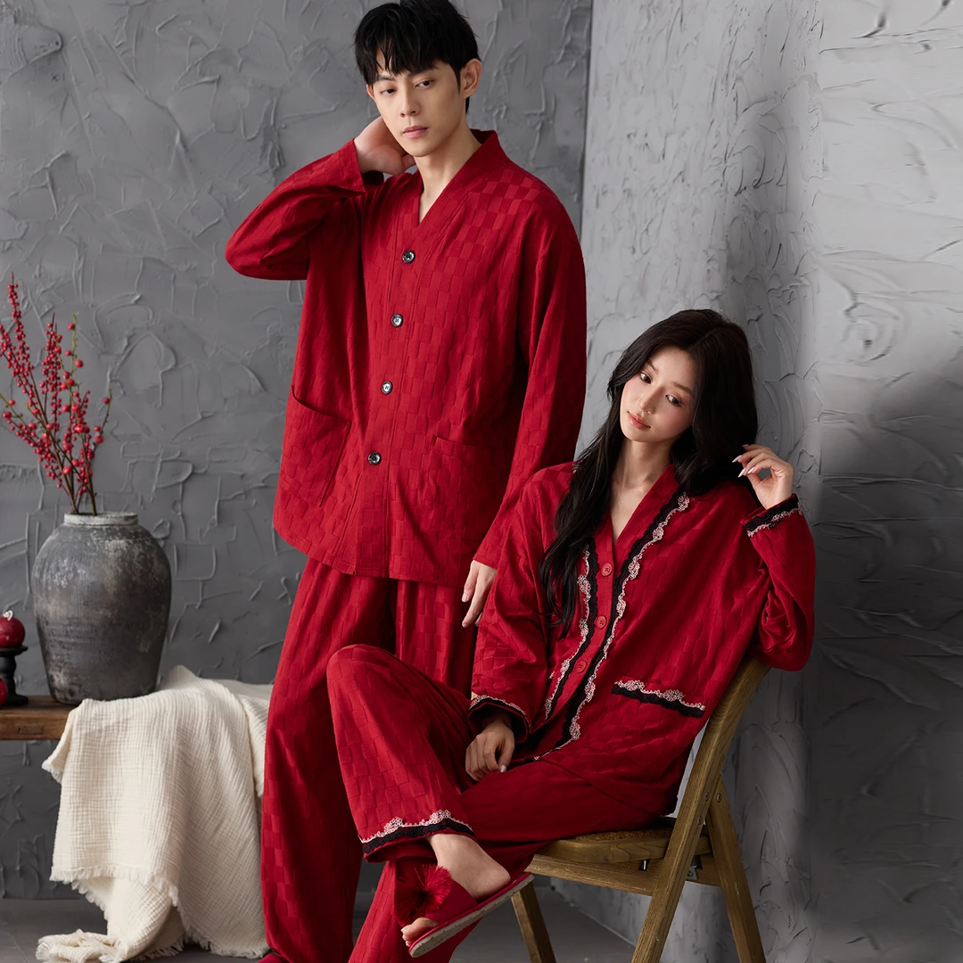 2025新款红色情侣睡衣纯棉高档款本命年男士女士家居服套装春秋季