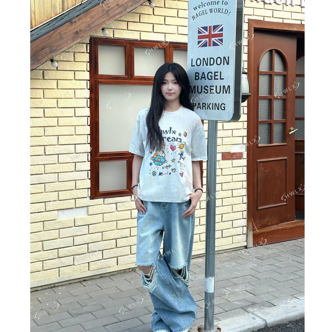 韩汶栩HWLX【漫游宇宙】圆领印花卡通短袖T恤宽松男女款夏季休闲