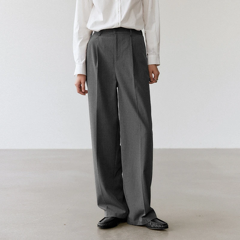 清仓【制作人西裤】灰色休闲裤宽松高腰阔腿裤竖条纹西装裤子1607