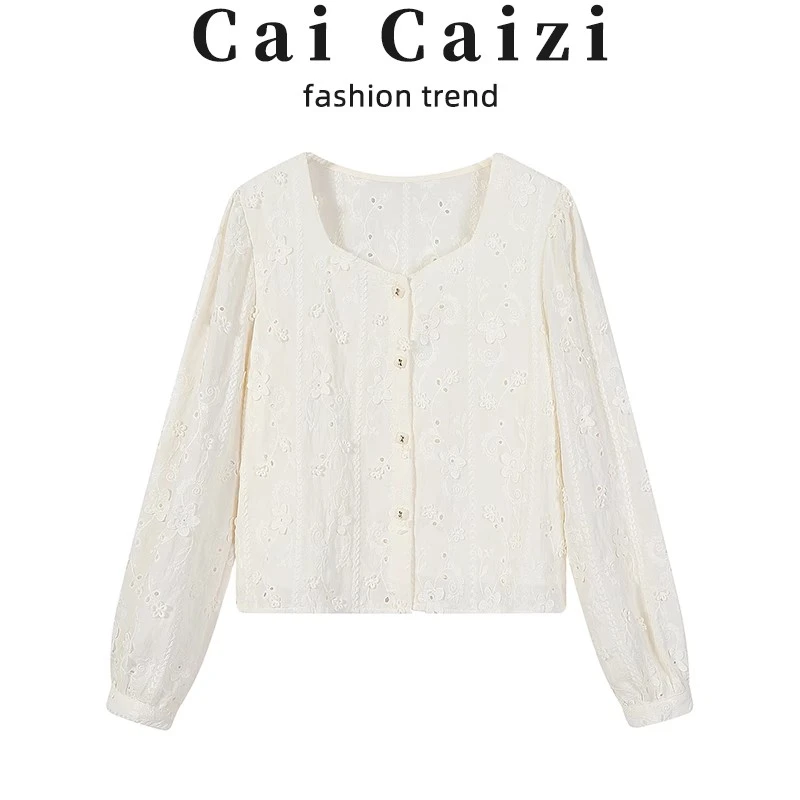 女士衬衫春秋设计感宽松提花方领长袖外套上衣外穿高级感2025新款