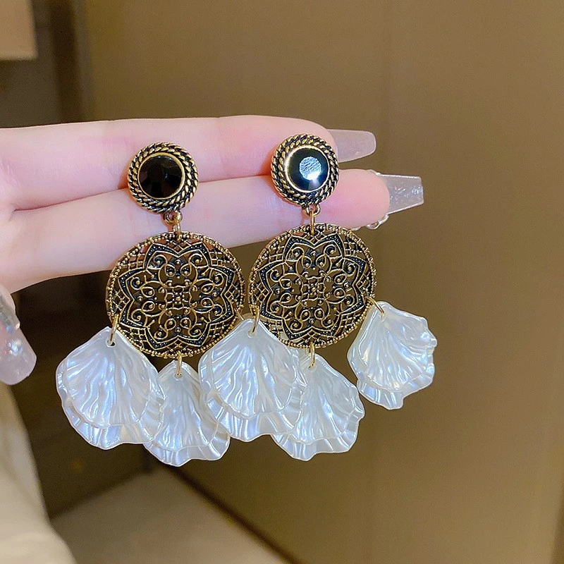 合金贝壳耳饰 银针珍珠花朵贝壳长款流苏耳环轻奢时尚设计感气质