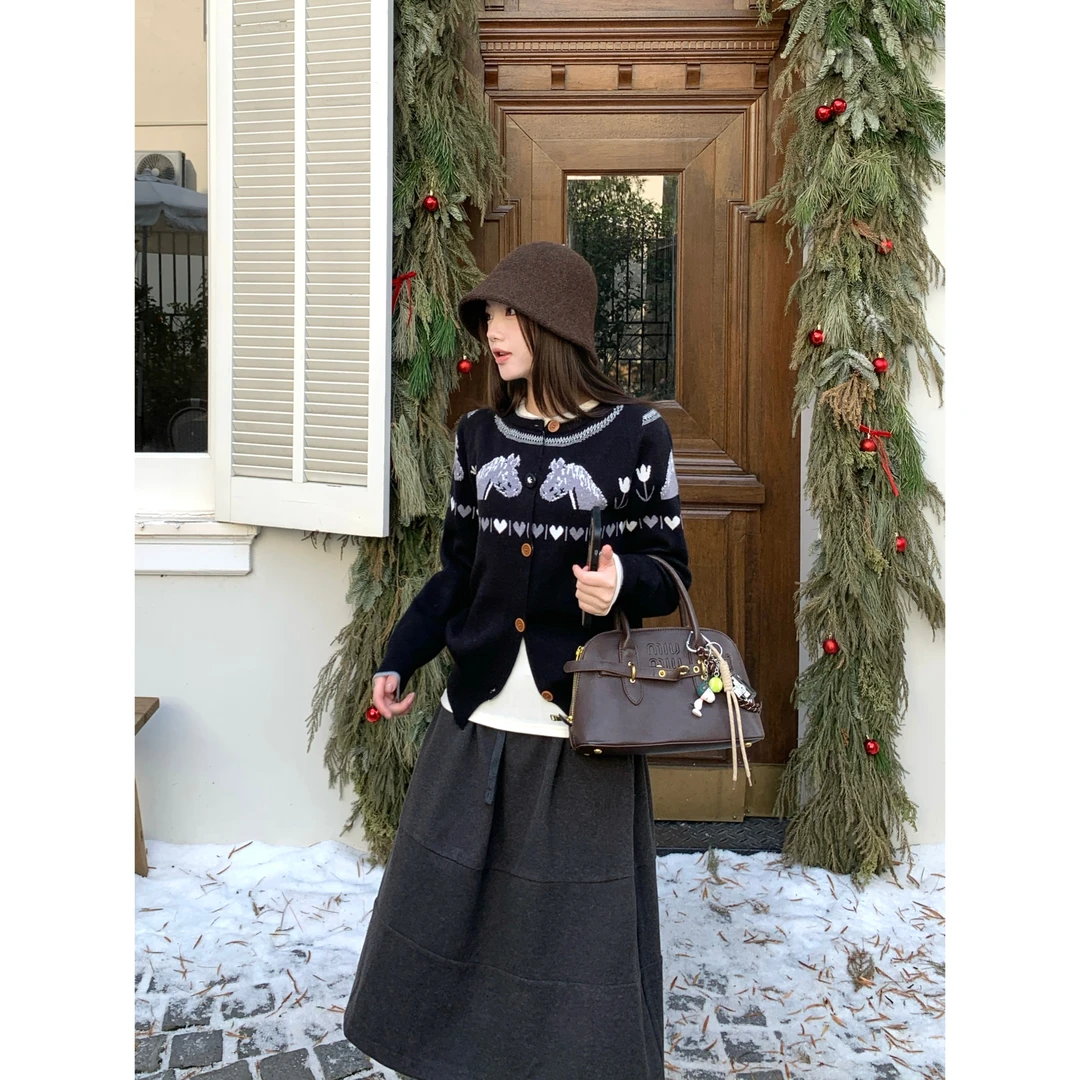 H1815【本命小马】秋冬新款费尔岛宽松休闲个性毛针织开衫上衣女