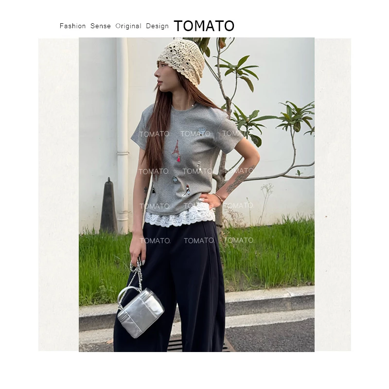 【TomaTo】「巴黎铁塔」小众刺绣正肩宽松设计感圆领短袖T恤C25T25156