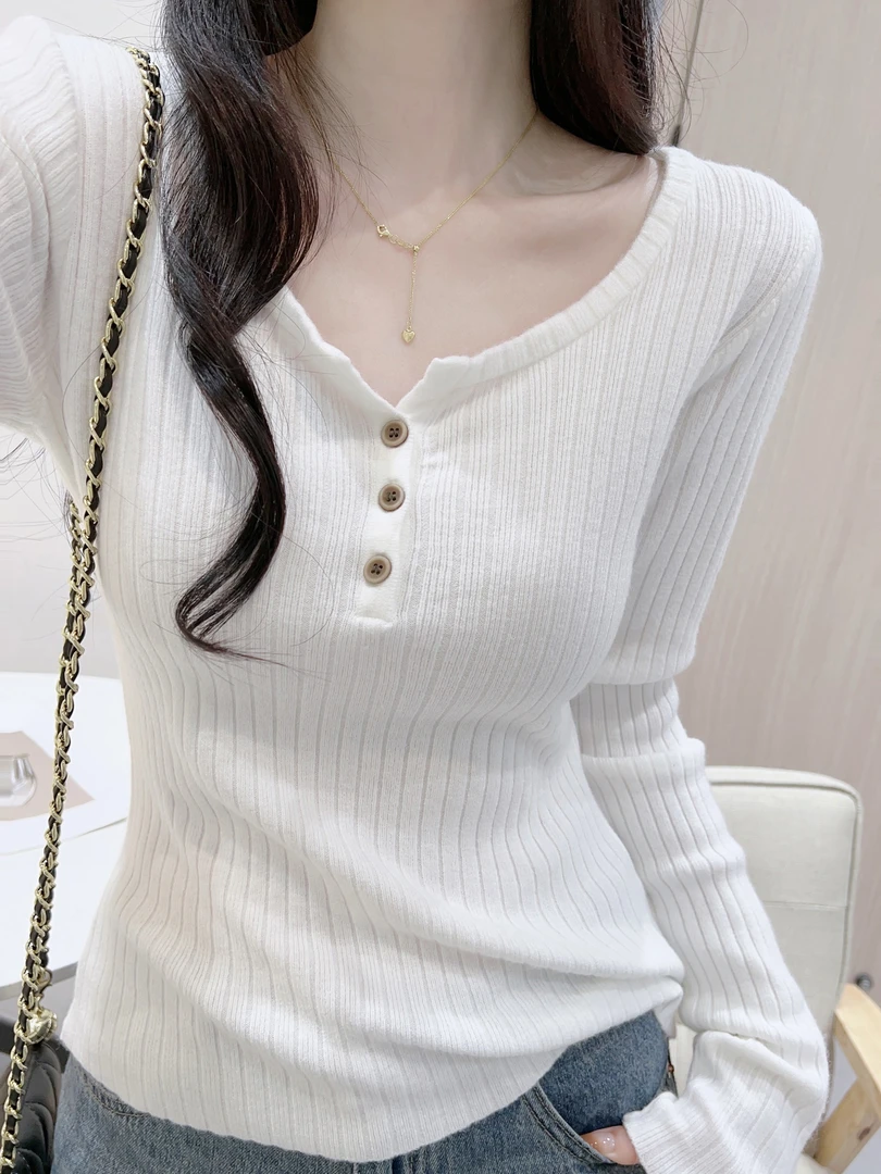 纽扣半开领白色长袖针织衫女秋2025年新款显瘦内搭打底毛衣上衣