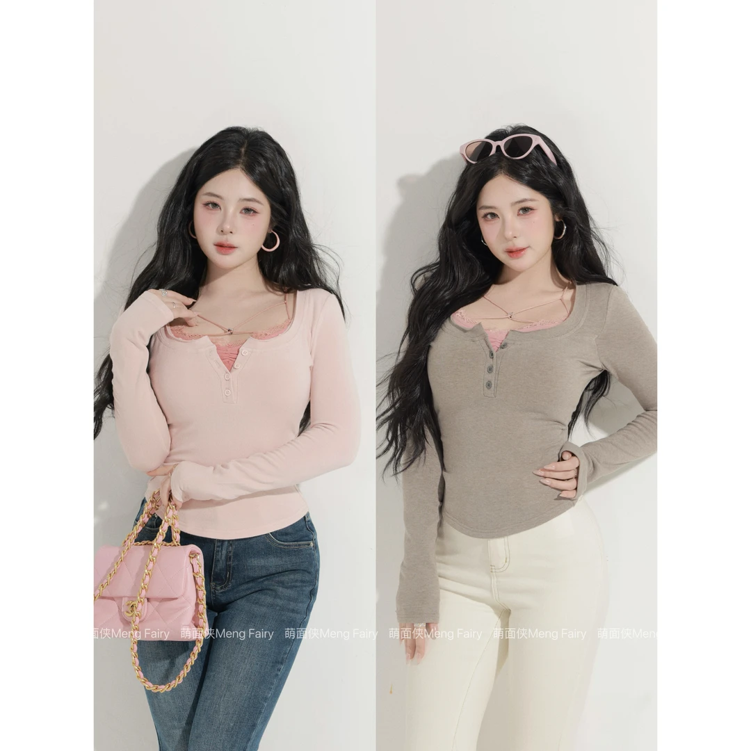 萌面侠【心动攻略】纯欲设计感拼接绑带保暖锁温磨毛上衣6749M