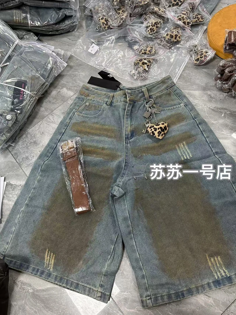 做旧纽扣牛仔裤水洗蓝色休闲无弹短裤