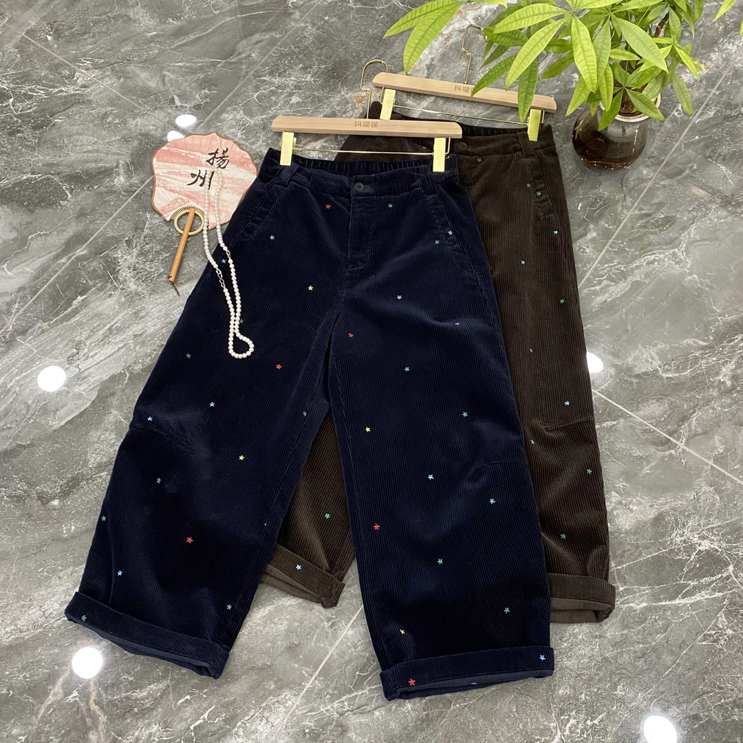秋季新款灯芯绒刺绣星星休闲裤女高腰九分