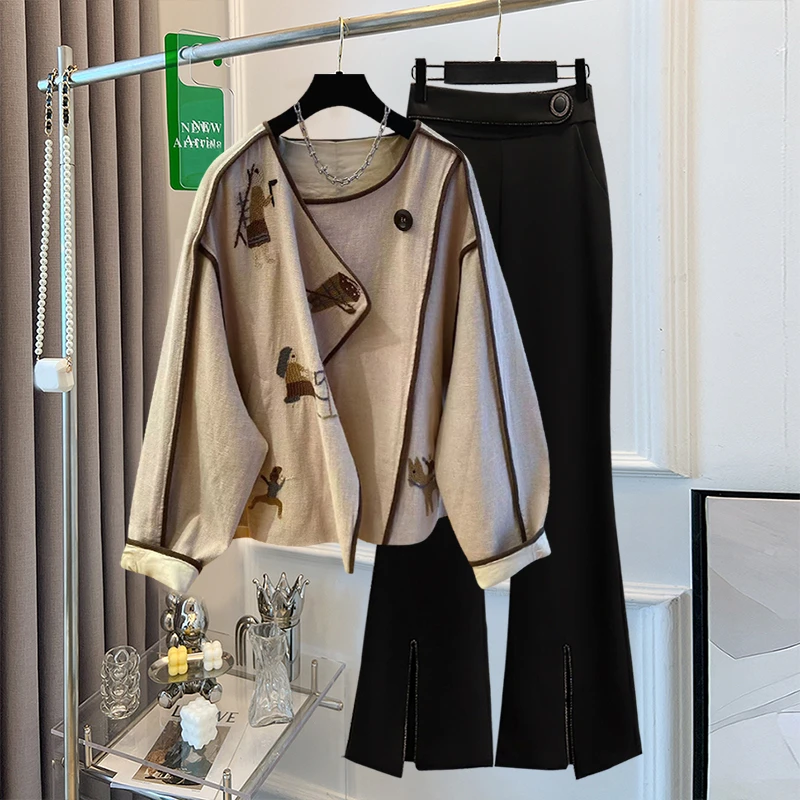 大码女2025秋季新款胖mm高级感独特超好看亚麻外套休闲裤减龄套装