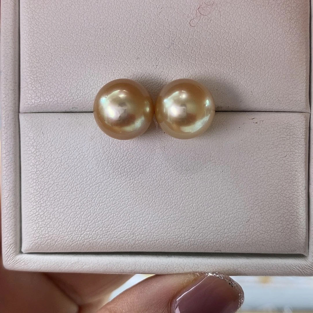 海水珍珠耳饰18K金镶嵌南洋金珠11-12mm