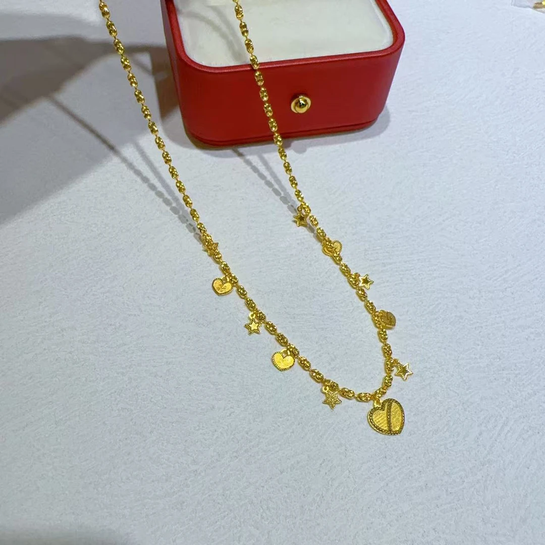 5G足金心心流苏锁骨项链00698