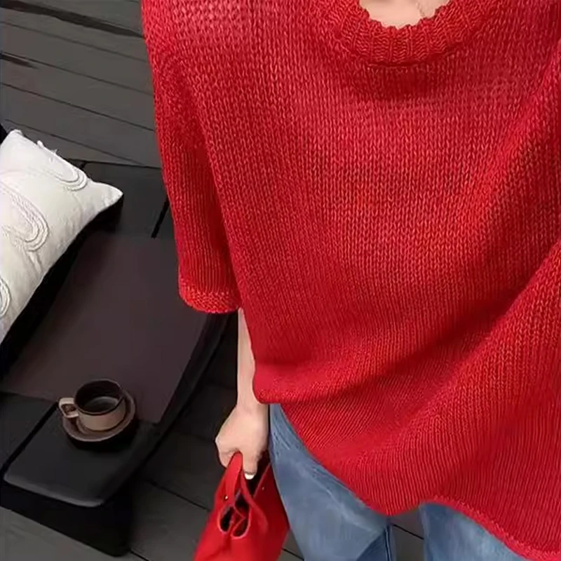 2025年新款独特超好看多巴胺上衣宽松红色针织正肩短袖女t恤夏季