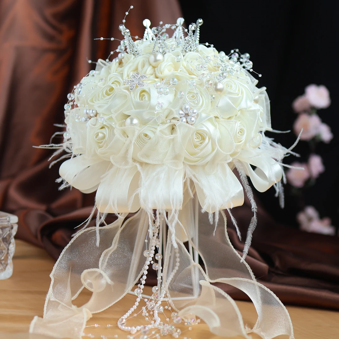 合金婚庆饰品 绸缎玫瑰手捧花DIY材料高级拍照结婚礼物皇冠捧花