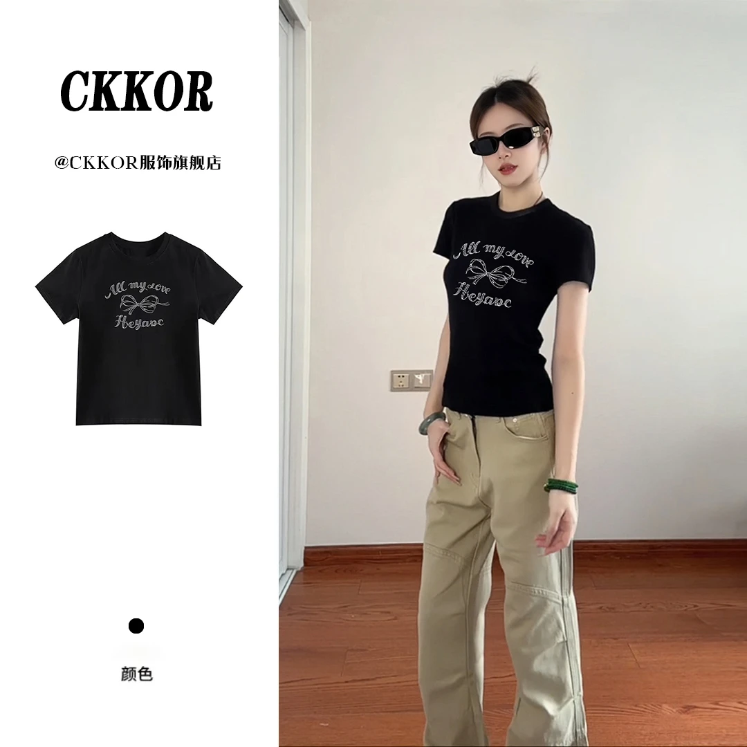 CKKOR韩版印花极简风t恤女短袖洋气休闲装正肩修身显瘦短款上衣服