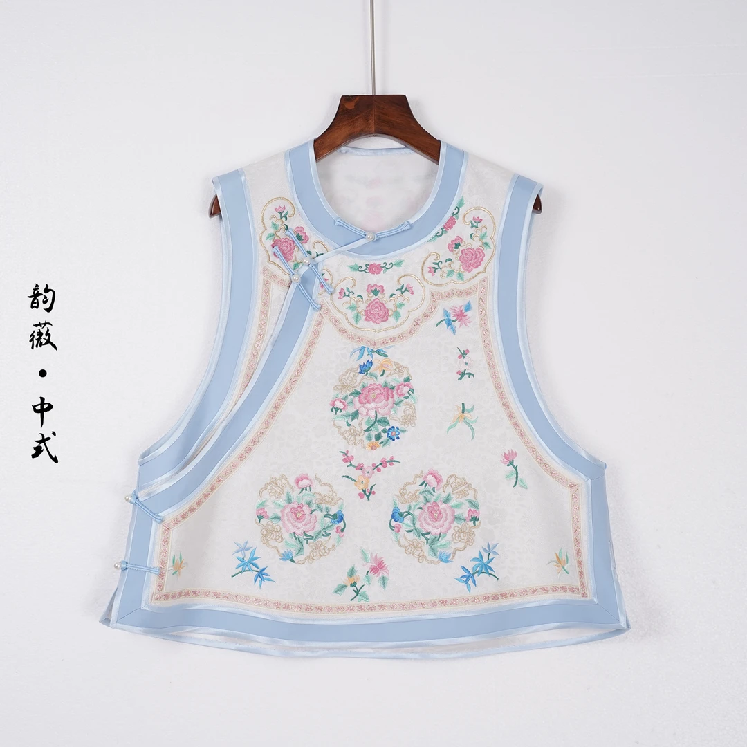 原创复古中式无袖圆领原创设计刺绣马夹女士斜襟上衣马甲