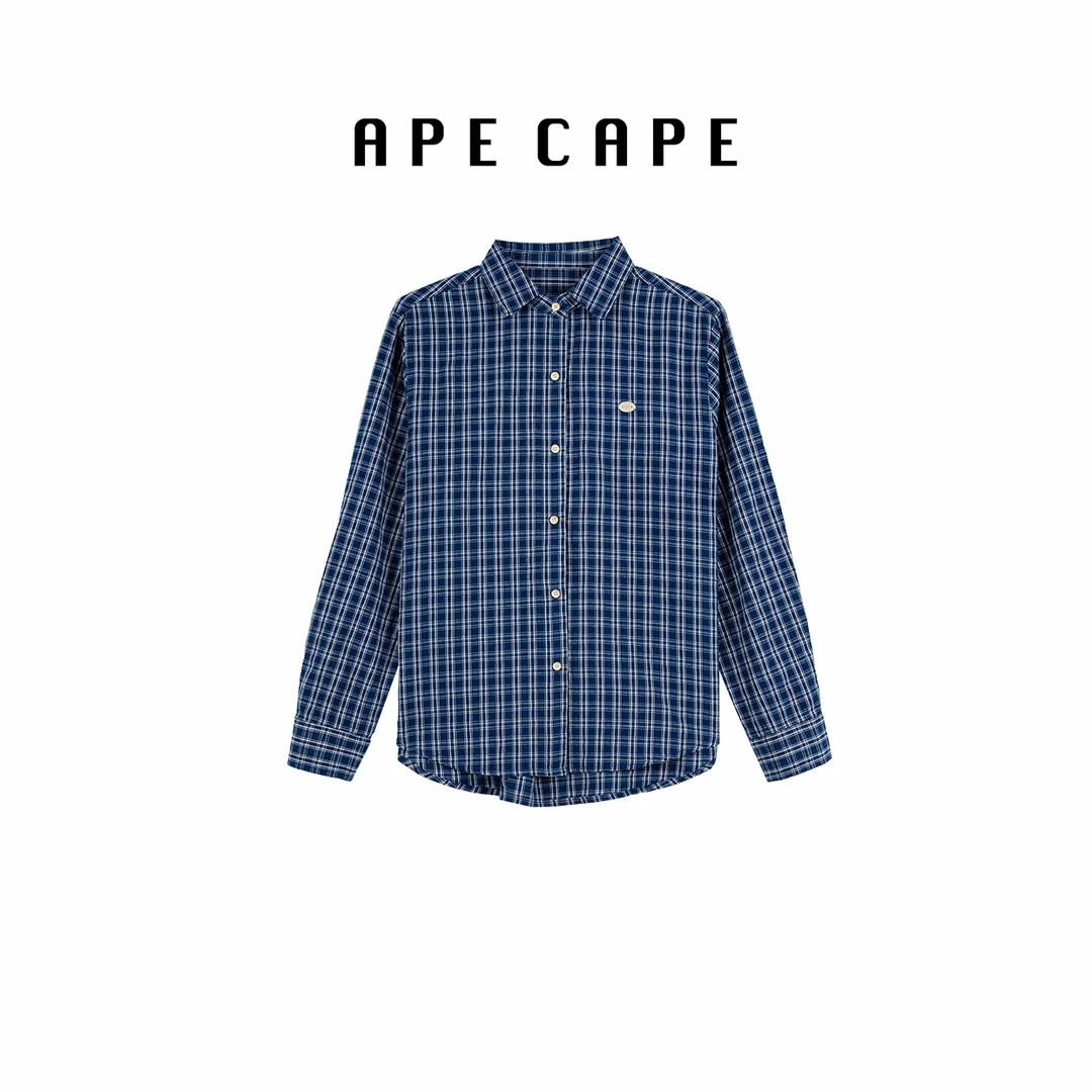 APECAPE【浮雕蓝缇】春季复古格子衬衫女 立体缇花蓝色格子叠穿衬衫