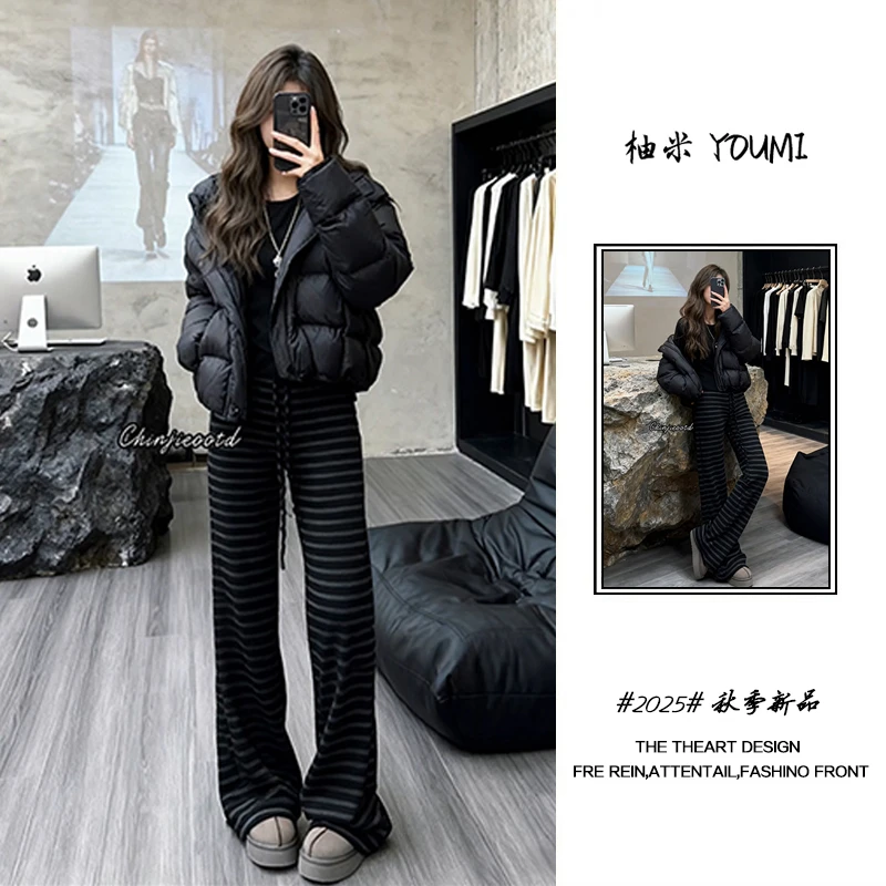 冬季流行穿搭套装女2025新款韩版连帽棉服短外套条纹微喇裤两件套