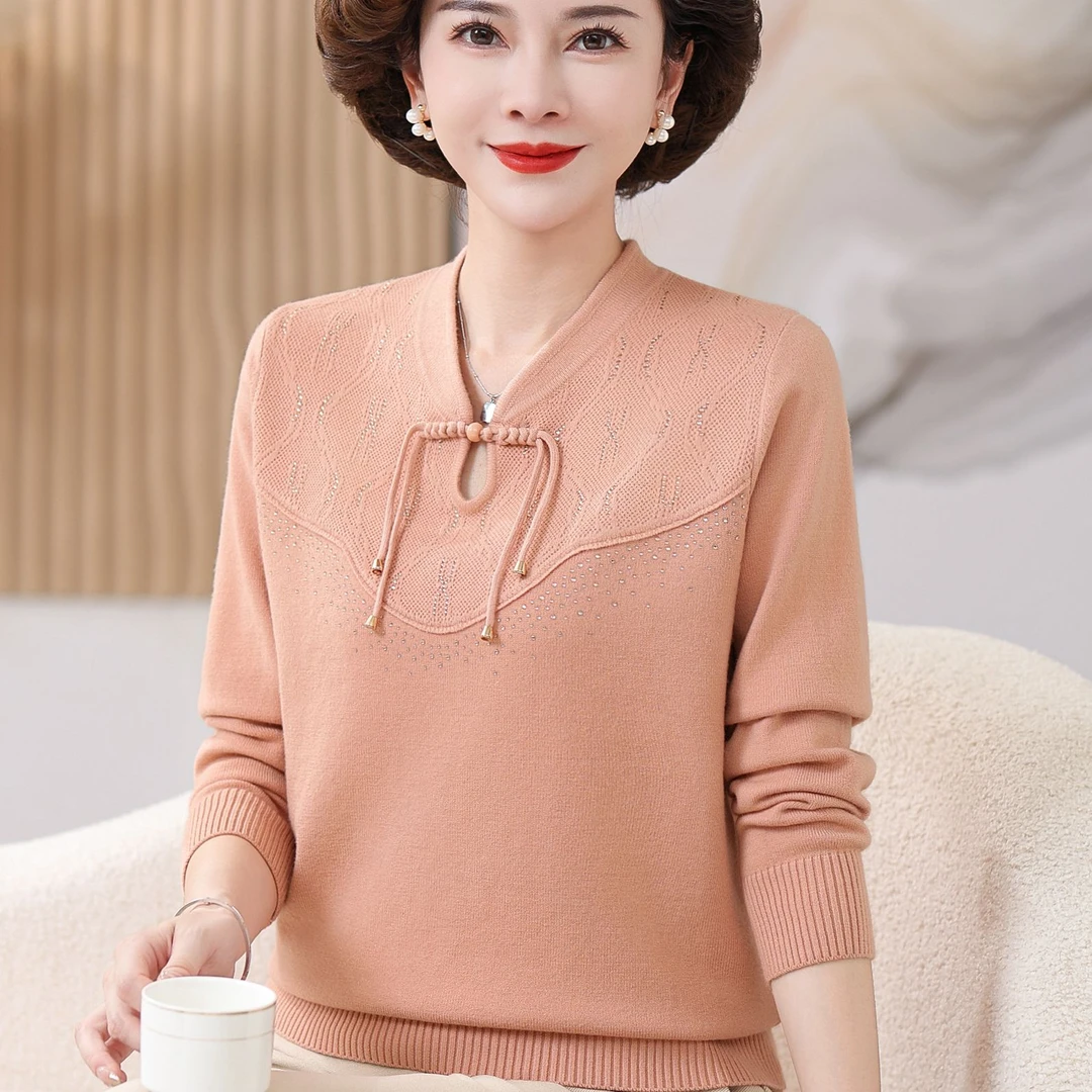 v领毛衣妈妈秋装新款国风针织毛衣打底中年秋季款新中式洋气上衣