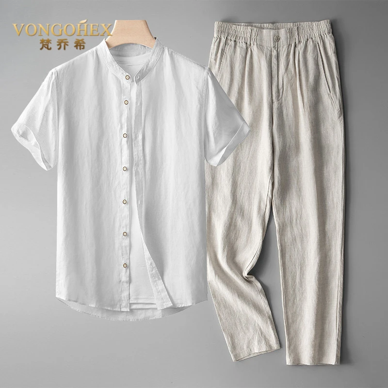 VONGOHEX纯亚麻休闲套装短袖衬衫男夏季薄款中式复古衬衣棉麻上衣