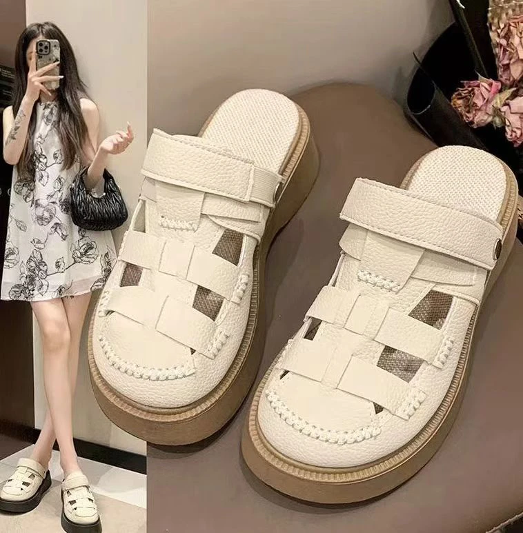 XL简约两穿镂空包头凉鞋女款2025新款洞洞森系罗马鞋厚底半拖鞋